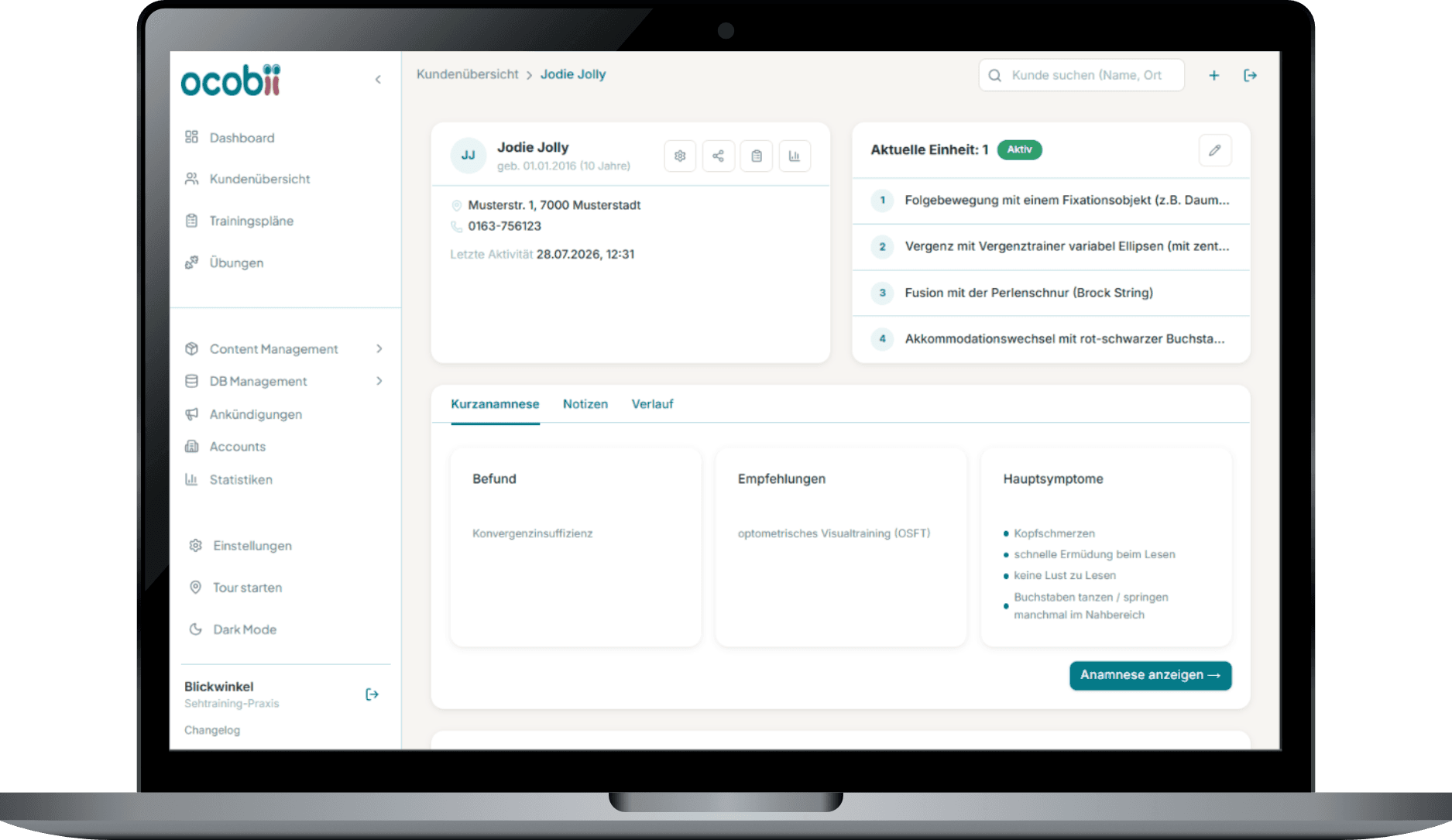 ocobii Organizer – Ansicht für Optometristen am Notebook